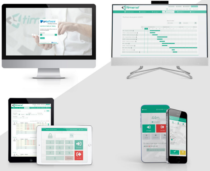 Múltiples dispositius (mòbil, tablet, ordinador) amb Timenet funcionant en tots ells